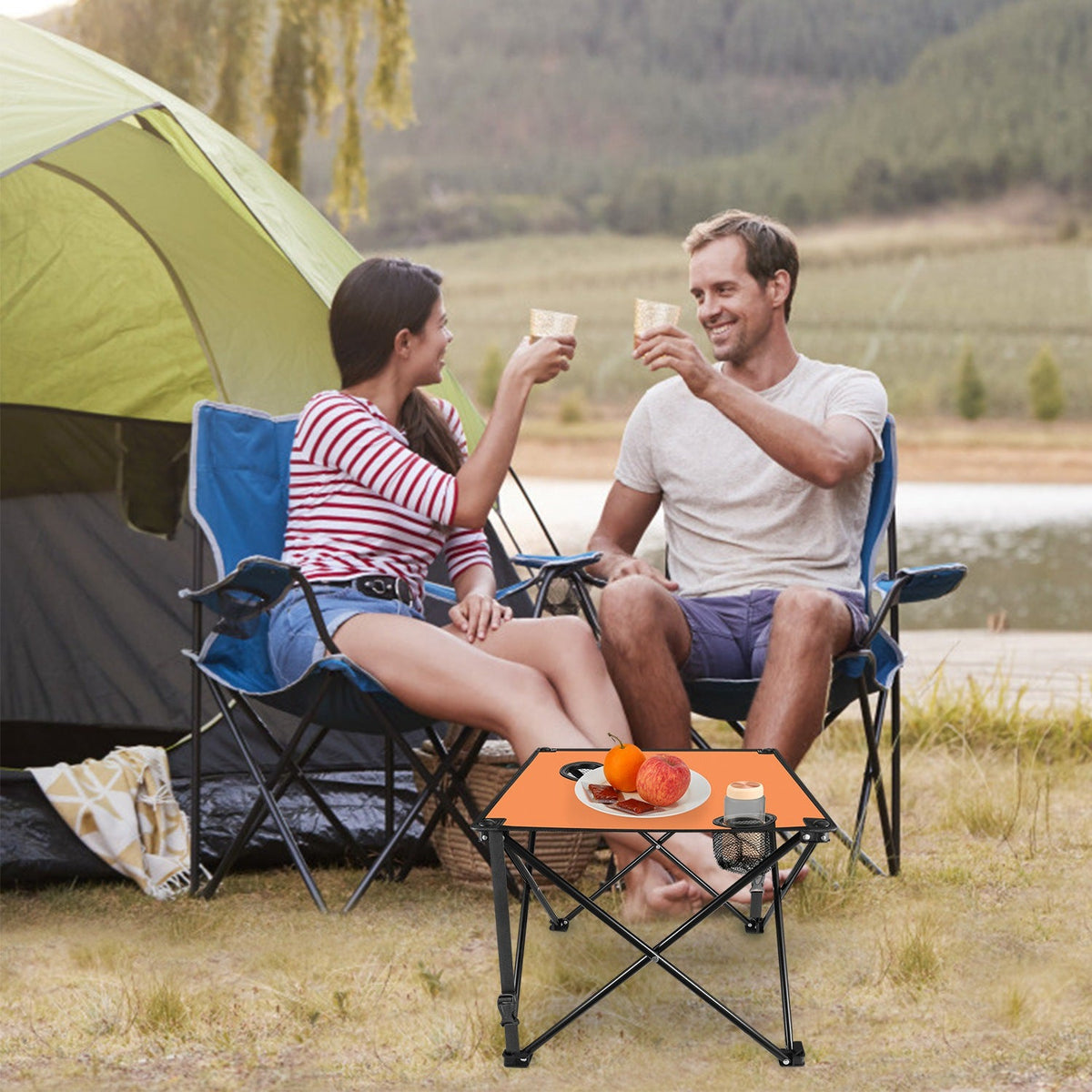 LakeForest Folding Camping Table with 2 Cup Holders – 600D Oxford, 44 lb Capacity | 18.5"x18.5" | 2.2 lbs | 1-Pc & 2-Pc Sets