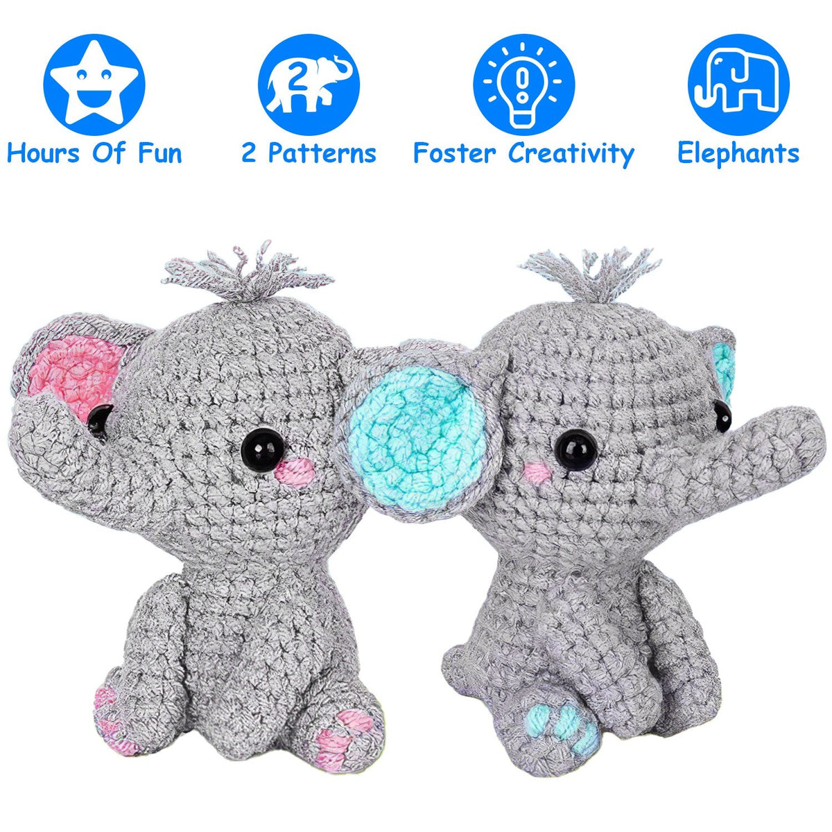 Elephant Crochet Kit for Beginners – 2 Elephant Patterns, Tools & Video Tutorials