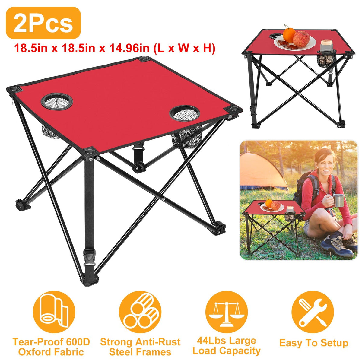 LakeForest Folding Camping Table with 2 Cup Holders – 600D Oxford, 44 lb Capacity | 18.5"x18.5" | 2.2 lbs | 1-Pc & 2-Pc Sets