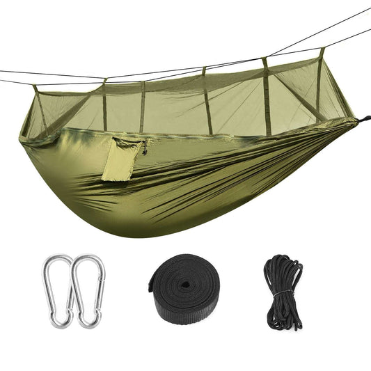 Olive green two-person hammock with integrated mosquito net and hanging cords