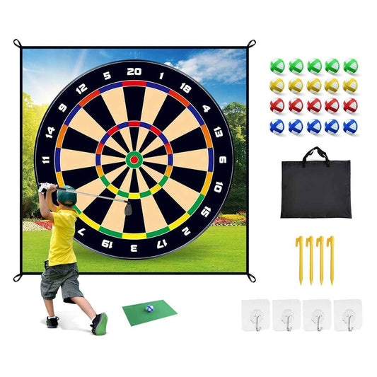 Golf chipping dart game mat set accessories: sticky balls, black carry bag, yellow darts