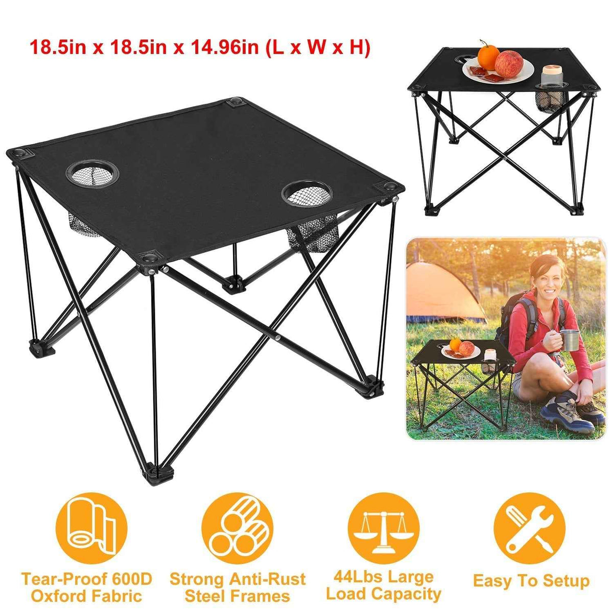 Foldable Camping Table – 600D Oxford Fabric, 44 lb Capacity | Cup Holder & Carry Bag | Camping, Picnic & Beach | Black