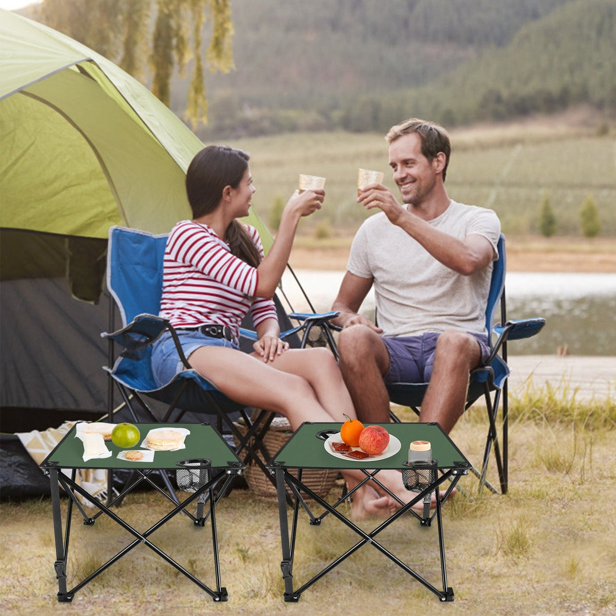 LakeForest Folding Camping Table with 2 Cup Holders – 600D Oxford, 44 lb Capacity | 18.5"x18.5" | 2.2 lbs | 1-Pc & 2-Pc Sets