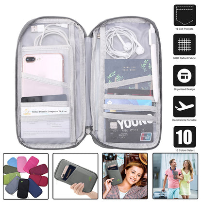 LJG Travel Passport Wallet – 12-Cell Organizer, Water-Repellent Zipper Case