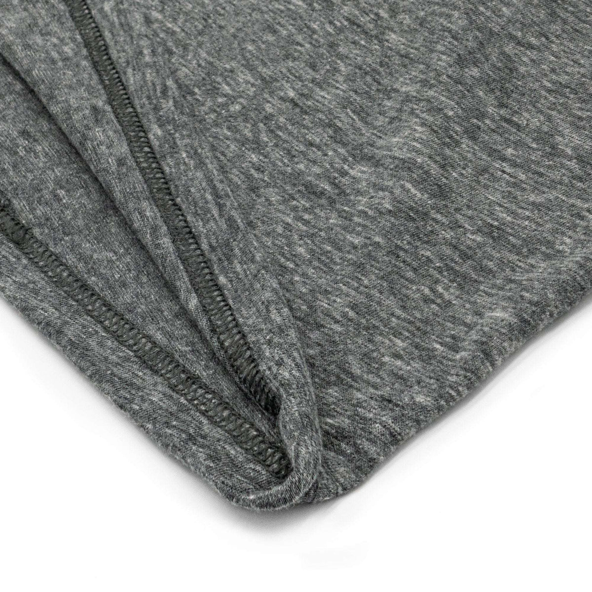 Gray T-shirt bottom hem detail with double-stitched edge