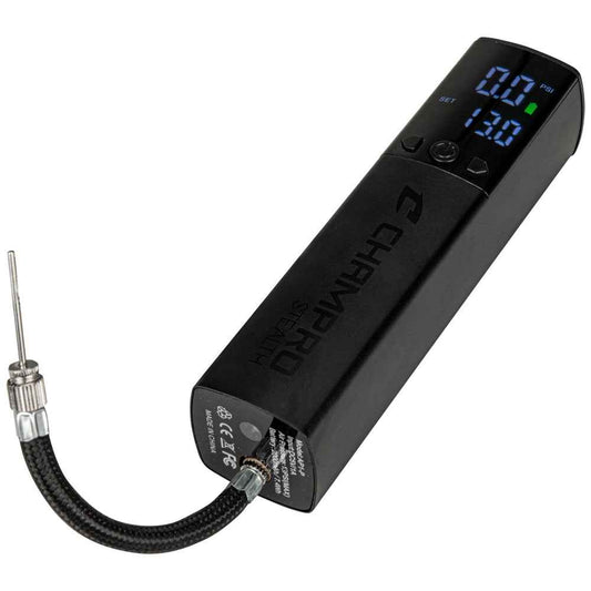 Portable digital ball pump with LED display, black handle, includes needle and hose