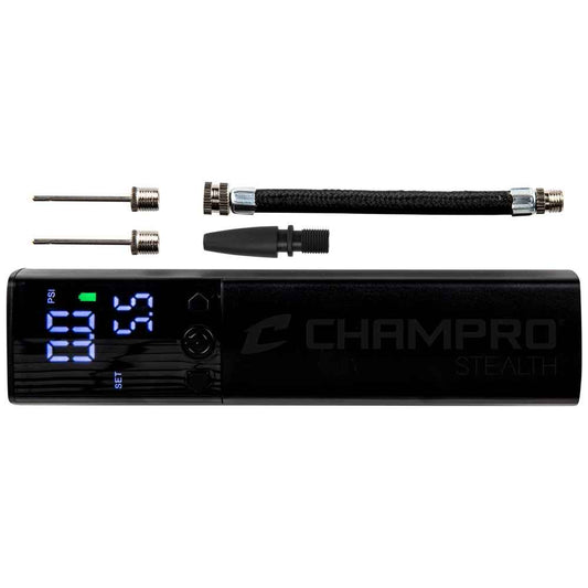 Digital ball pump front with blue LED numbers, buttons, and metal nozzle attachments