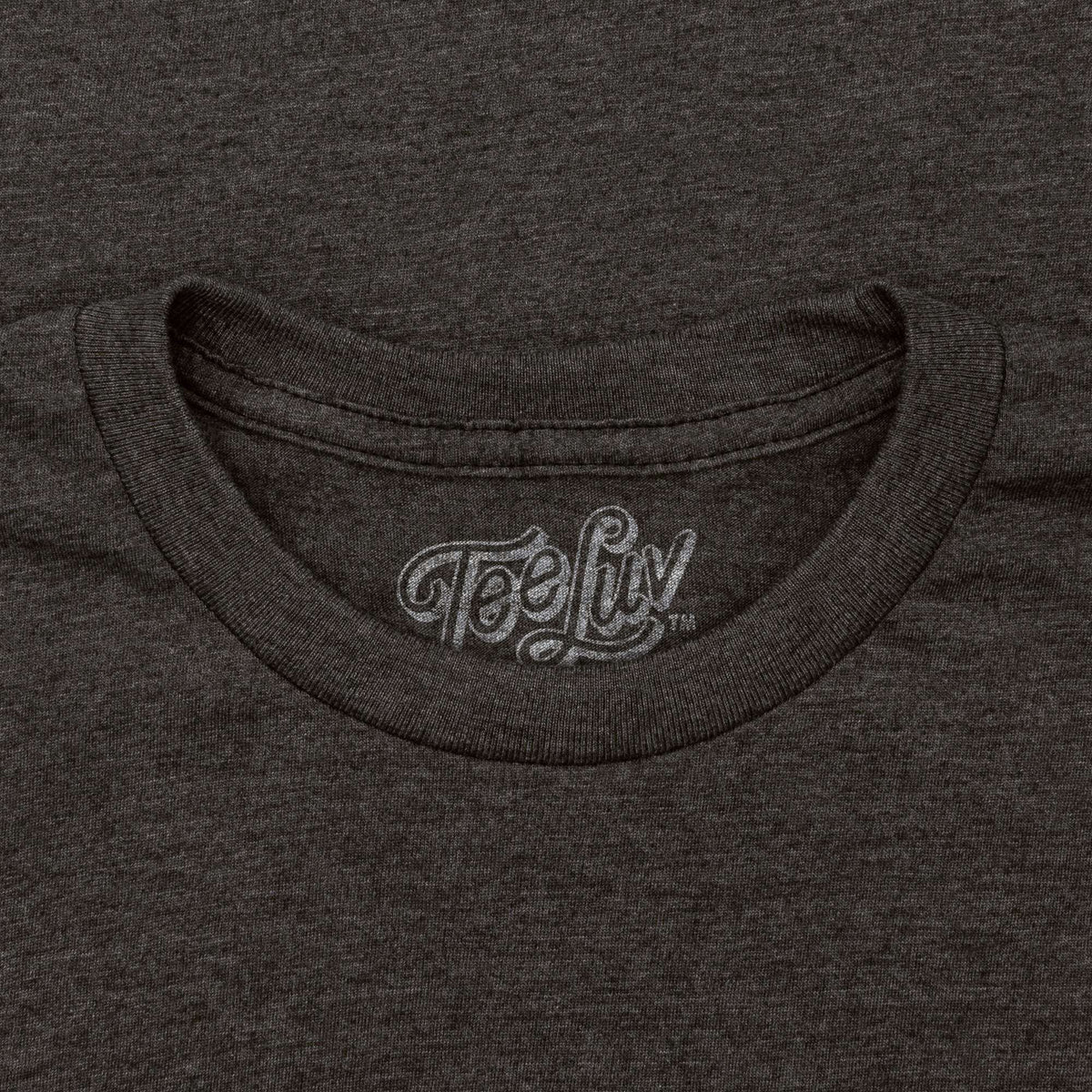 Dark heather gray T-shirt with Tee-Luv logo printed at the crew neckline