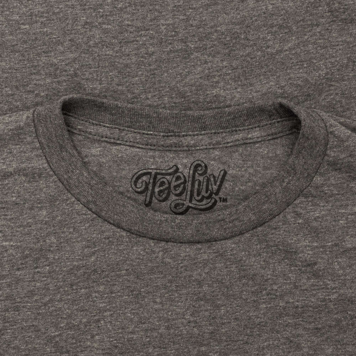 Gray crew-neck T-shirt with small Teeluv logo at the collar