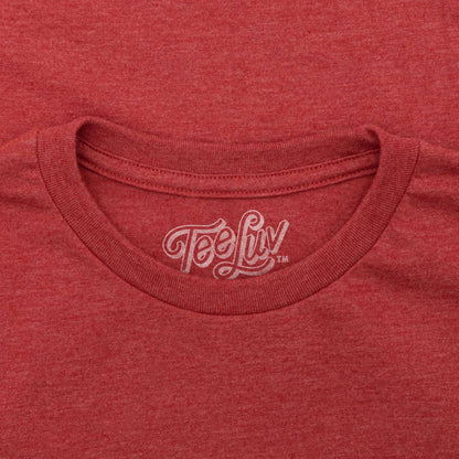 Red crewneck T-shirt with small TeeLuv logo at collar