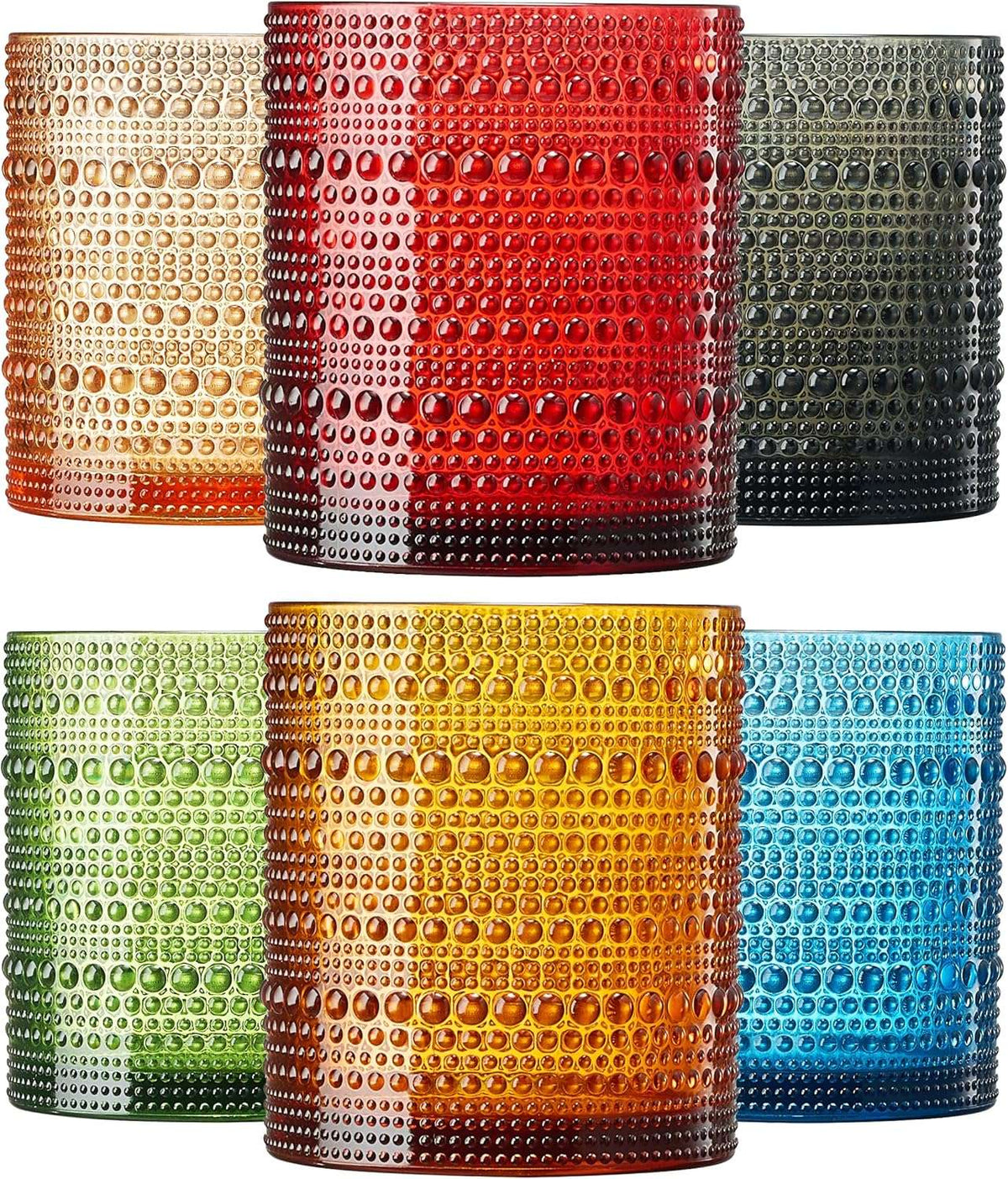 Hobnail acrylic lowball glasses set of 6 with raised dot texture, assorted colors