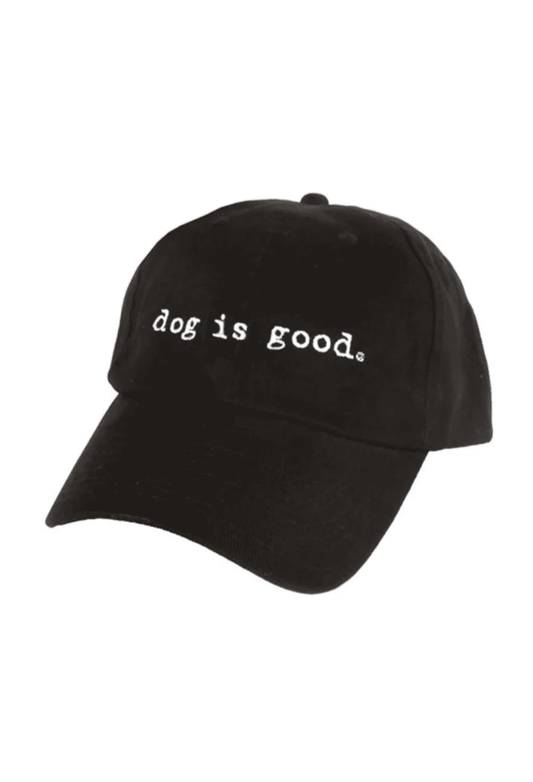 Low-profile black cotton cap with "dog is good" embroidered front