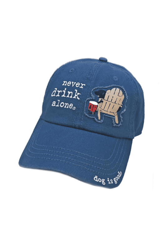 Blue embroidered baseball hat with 'never drink alone' front graphic