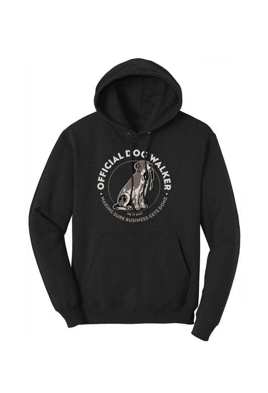 Dog is Good unisex black hoodie with chest 'Official Dog Walker' logo and kangaroo pocket