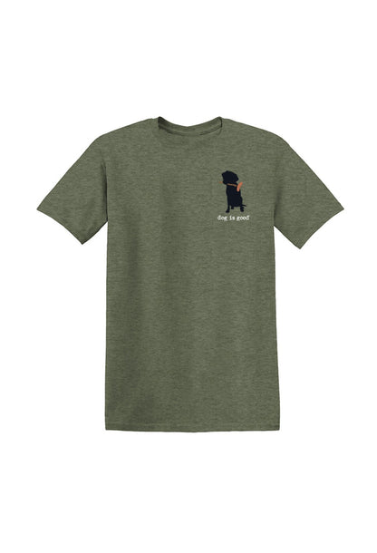 Dog is Good — Never Camp Alone® T-Shirt | Military Green | Front & Back Graphic | 50/50 Cotton-Poly | S–3XL