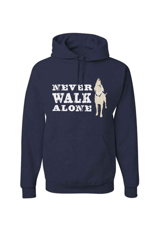 Navy hooded sweatshirt with front "Never Walk Alone" text graphic