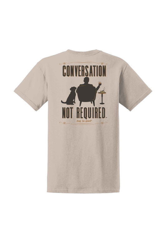 Tan cotton T-shirt with back graphic: 'Conversation Not Required' silhouette