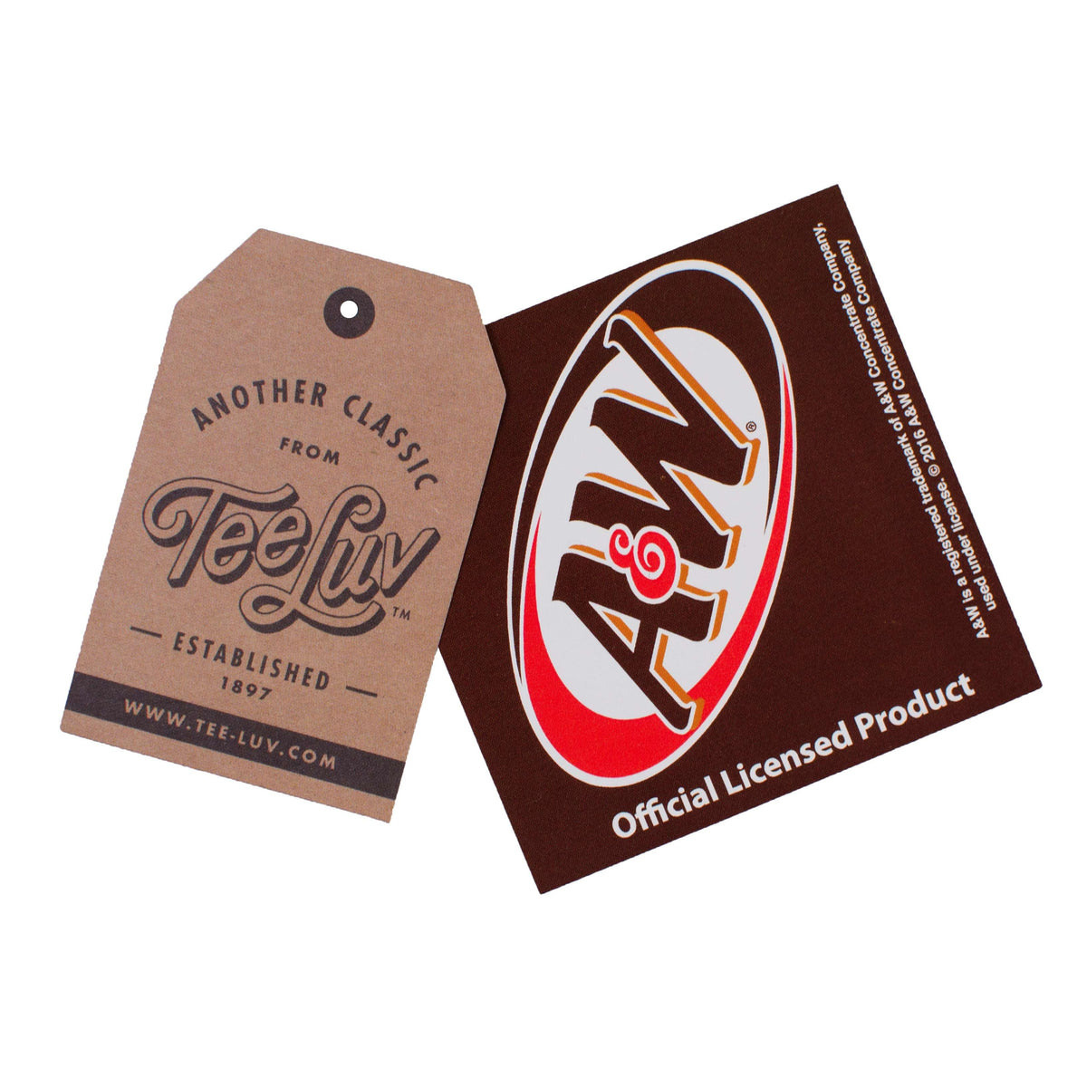 Brown hanging tags with Teeluv branding and A&W licensed product text