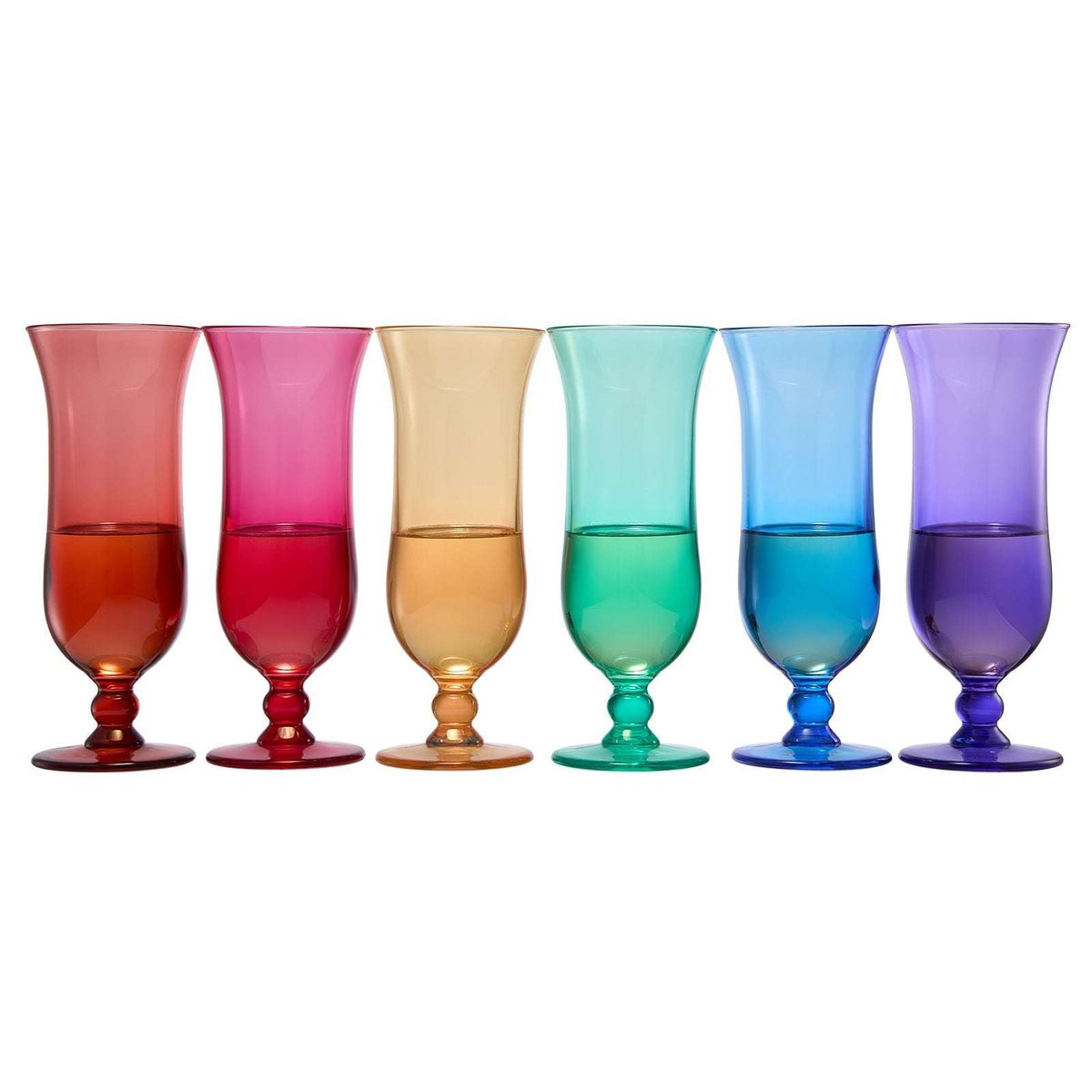 Six acrylic hurricane glasses with stem bases in red, pink, amber, teal, blue, and lavender