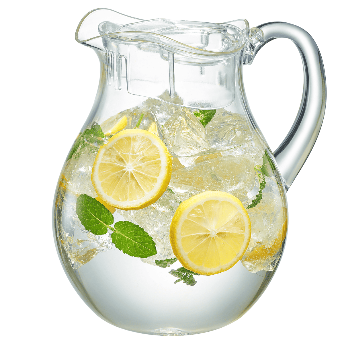 Acrylic pitcher with lid, silver handle, filled with lemon slices and mint leaves