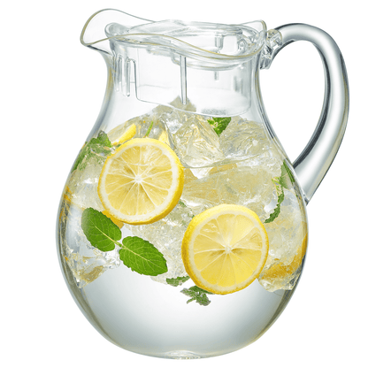 Acrylic pitcher with lid, silver handle, filled with lemon slices and mint leaves