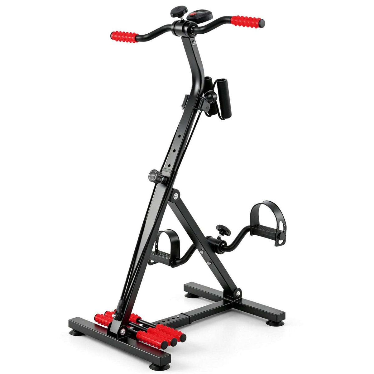 Black adjustable pedal exercise bike with handlebars, stand, and red pedal covers