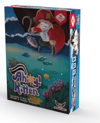 Ahoy Kitten card game box side with pirate cat and sea artwork