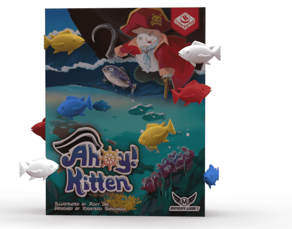 Ahoy Kitten card game box front with pirate cat and fish illustration