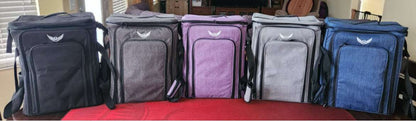 Padded board game carry bags set of five in charcoal, purple, gray, and blue
