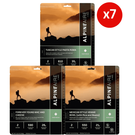 Vegetarian emergency food pouch bundle, multiple sealed pouches with X7 badge