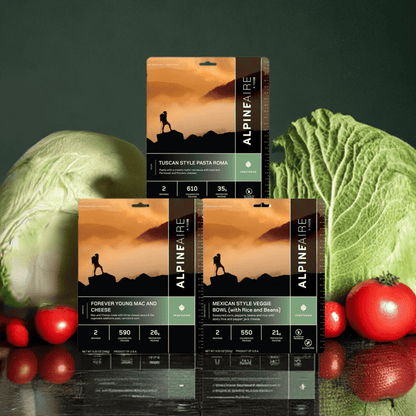 Vegetarian emergency food pouch bundle with sealed orange and green labeled pouches