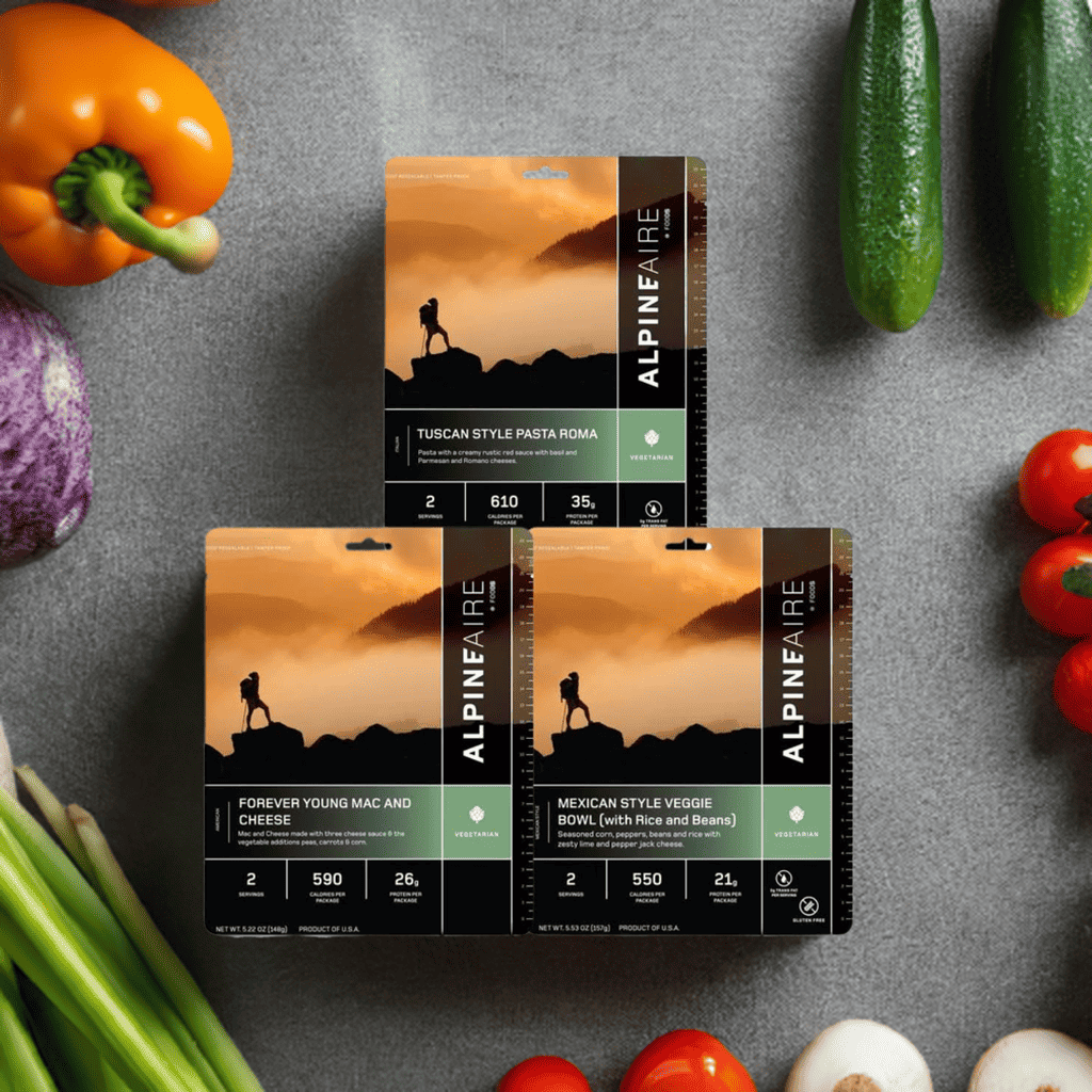 72-hour emergency food bundle showing three vegetarian AlpineAire meal pouches