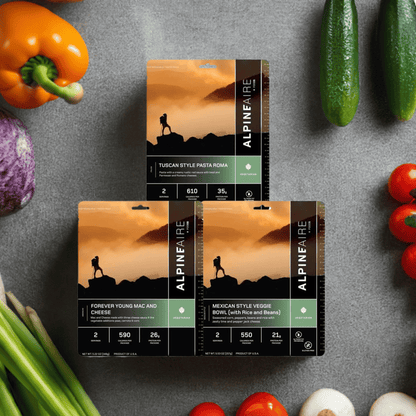 72-hour emergency food bundle showing three vegetarian AlpineAire meal pouches