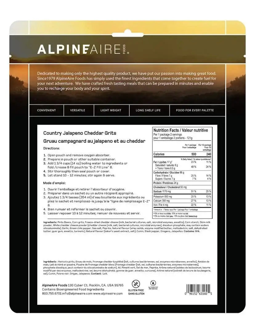 Country jalapeno cheddar grits pouch back with directions and nutrition facts