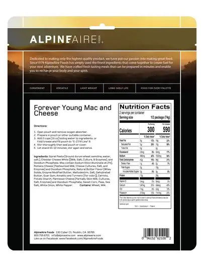 Vegetarian mac and cheese camping meal pouch, back label with nutrition facts