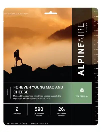 Vegetarian mac and cheese camping meal pouch, front label with servings and calories