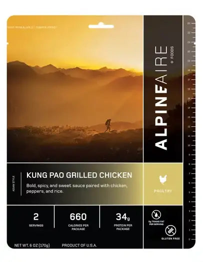Gluten-free Kung Pao grilled chicken meal pouch, front label with 2 servings