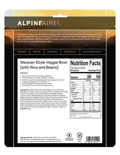 Back of freeze-dried meal pouch with ingredient list and Nutrition Facts