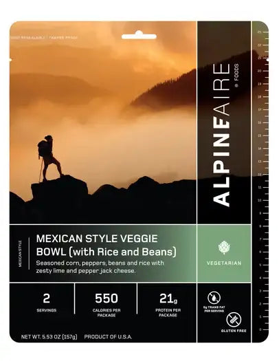 Freeze-dried Mexican veggie bowl pouch with rice & beans, gluten-free