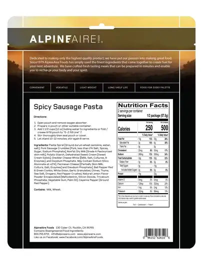 Freeze-dried spicy sausage pasta pouch back with Nutrition Facts table