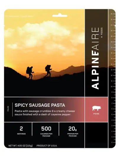 Freeze-dried spicy sausage pasta meal pouch, 2 servings, nutrition panel on front
