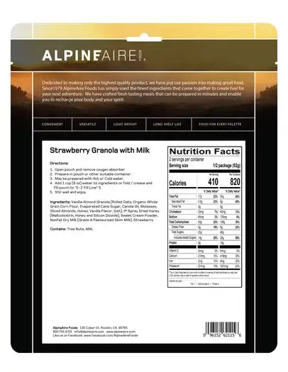Strawberry granola with milk pouch, nutrition facts and ingredients panel