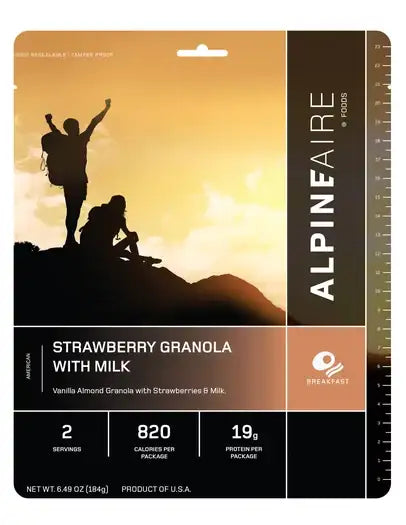 Strawberry granola with milk pouch, 2 servings, 820 calories, front label