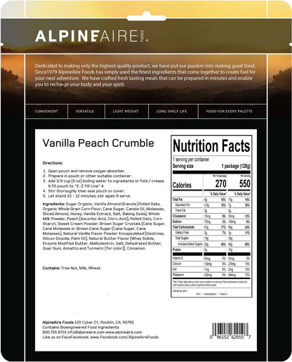 Cook-in-pouch dessert back of package with ingredients and Nutrition Facts panel