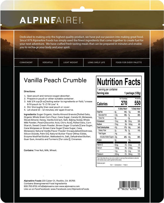 Cook-in-pouch dessert back of package with ingredients and Nutrition Facts panel