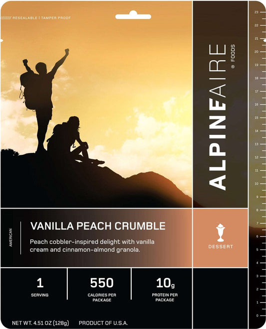 Vanilla Peach Crumble cook-in-pouch dessert, 2 servings, front package label