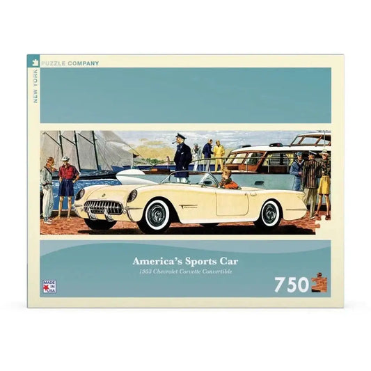 750-piece panoramic jigsaw puzzle box with cream 1953 Corvette on cover art
