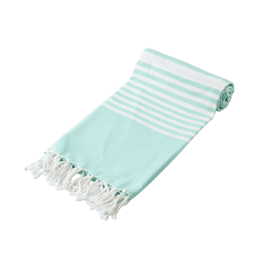 Aqua and white striped beach towel with fringed ends