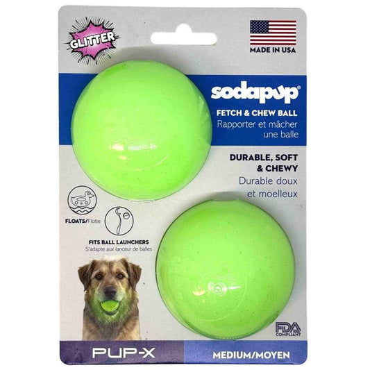 Green glitter floating treat-dispensing dog ball, 2-pack, medium