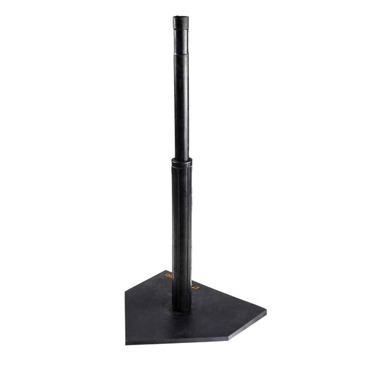 Adjustable rubber batting tee with black base and upright post